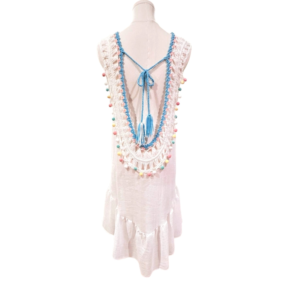 Crochet Gauzy Boho Mini Dress Festival Beach Cruise White Turquoise Pink